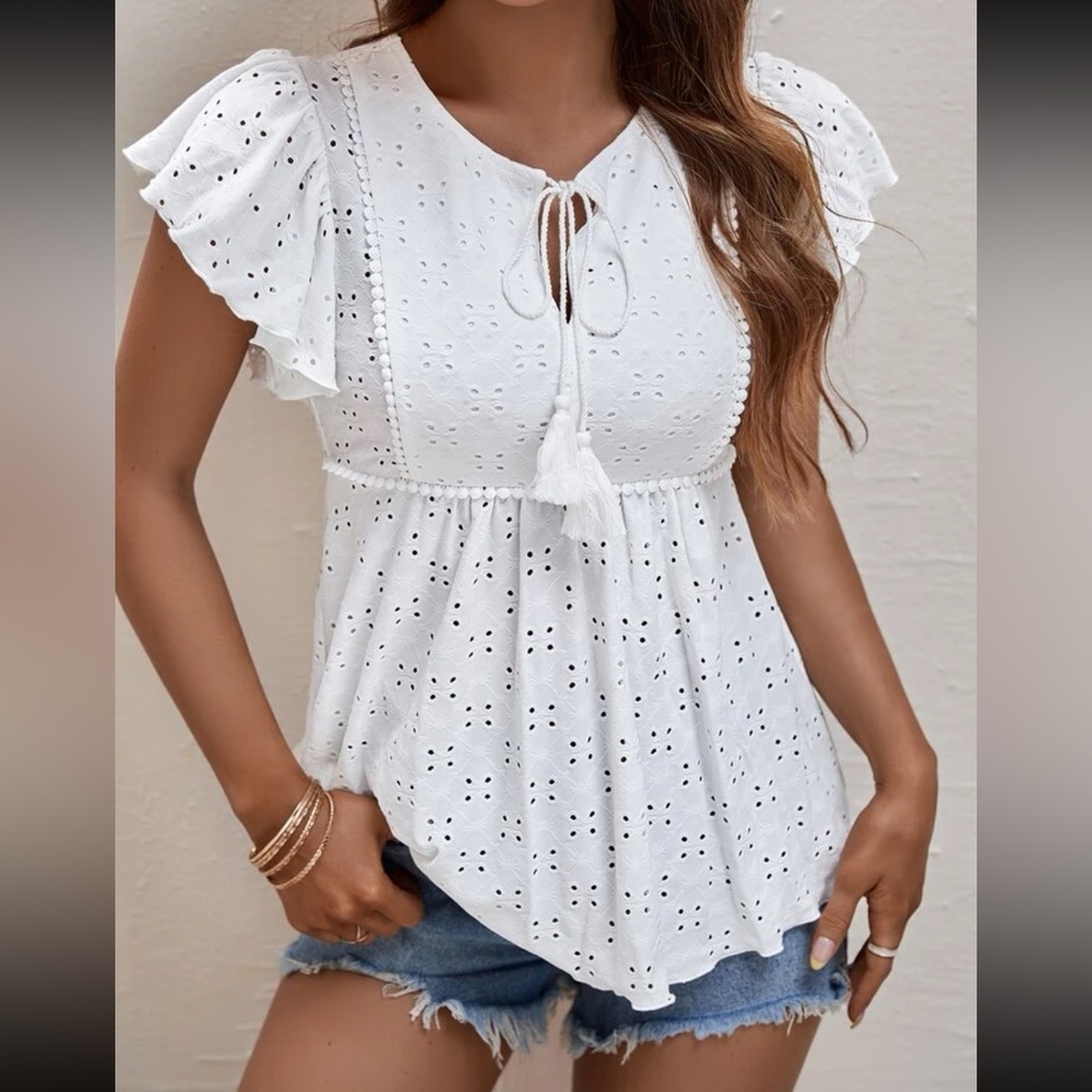 Boho tie neck eyelet embroidery blouse